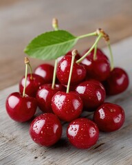 Vibrant Red Cherries With Water Droplets Clustered On A Textured Rustic Wooden Surface In Natural Daylight