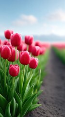 Vibrant Red Tulips Bloom in a Symmetric Field Under a Bright Blue Sky with Wispy Clouds