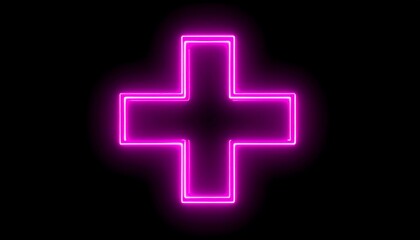 Obraz premium Glowing neon pink plus symbol against a stark black background