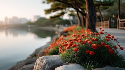 Vibrant Red Wildflowers Bloom Beside A Calm Lake with City Skyline in the Distance at Sunrise