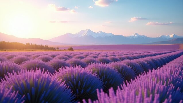 The radiant lavender field stretches across a vast landscape under a soft, pastel-colored sky at sunset, with majestic snow-capped mountains and distant hills contributing to a sense of peace and...