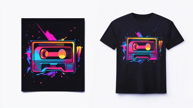 T-shirt design featuring a cool retro cassette tape with vibrant neon colors, isolated on a white background