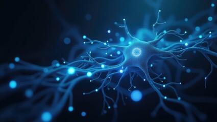Intricate illustration showcasing a neural cell with glowing nodes, displaying vibrant blue hues against a dark backdrop, emphasizing depth and connectivity in a scientific and technological concept.