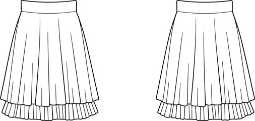 Front and back technical sketch of pleated skirts, layered hem design, waistband detail, fashion flat drawing, garment construction, apparel illustration