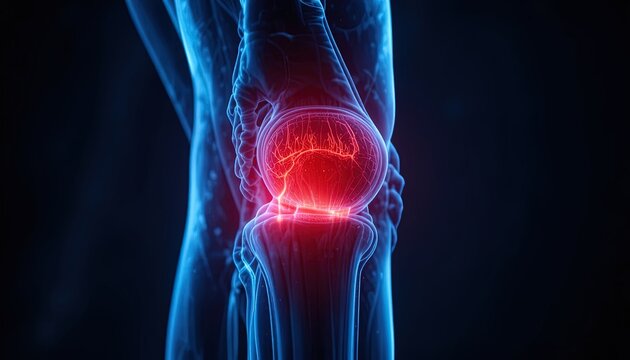 Medical illustration of a knee with glowing pain signals showing inflammation and potential injury for healthcare marketing and patient education materials