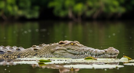 Obraz premium Close-up of a Saltwater Crocodile Submerged in a Murky River with Green Foliage in the Background.