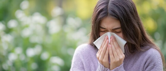 The woman blowing her nose with a tissue in a spring allergy scene