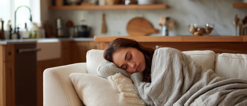 The woman asleep on a cozy sofa wrapped in a soft gray blanket at home - Powered by Adobe
