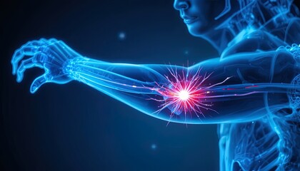Human arm x-ray showing pain radiating from the elbow, perfect for medical, pharmaceutical, or healthcare campaign visual aids and informative websites