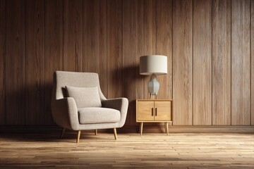 Comfortable armchair and lamp sit beside a wooden nightstand against a wood paneled wall.