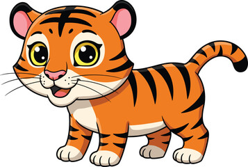Cute baby tiger cartoon character standing and smiling with big eyes in jungle animal style, cad drawing flat vector illustration