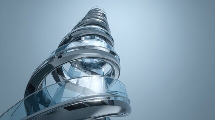 A futuristic, glass and metal spiral structure with a metallic finish, set against a gradient blue background with a soft, diffused light source.