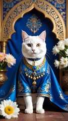 Fototapeta premium Cat in royal blue cape with gold jewelry, elegant