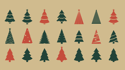 Festive Christmas Tree Icon Set for Holiday Design, Winter Celebration, and Seasonal Decoration Projects, Minimal Red and Green Silhouette Collection for Greeting Cards, Posters.