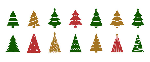 Christmas Tree Icon Collection for Holiday Design, Winter Greeting Cards, and Festive Graphic Projects, Minimal and Colorful Pine Tree Silhouettes in Red, Green, and Gold, Perfect for Decoration.