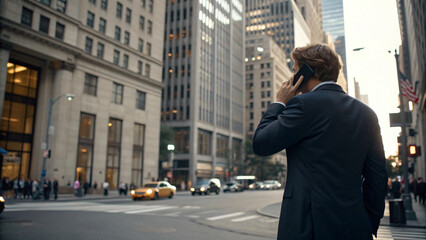 Young people in business walking through the urban city street with tall buildings with phone