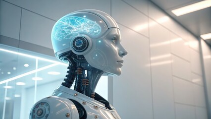 A futuristic humanoid robot head with a transparent casing displaying an intricate glowing neural network within its advanced design