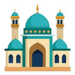 Stylized islamic mosque building with domes and minarets silhouette isolated on white background