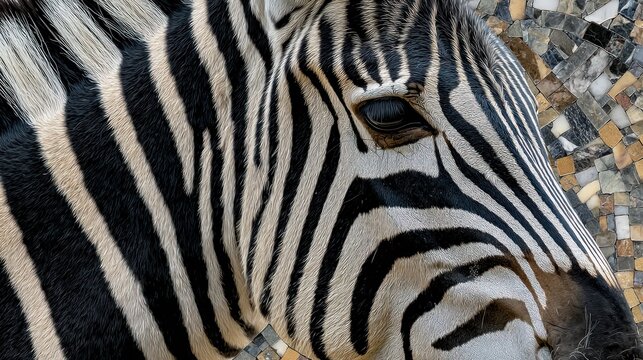 A close-up of a zebra's face, with its distinctive black and white stripes, set against a mosaic background.