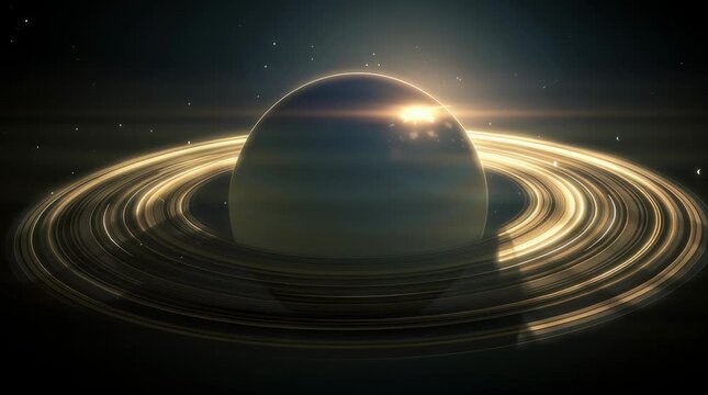 Cinematic view of Saturn surrounded by faint glowing rings, dark cosmic background, sunlight illuminating its surface in golden hues,
