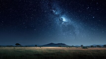 A starry night sky with the Milky Way visible in the distance, a grassy field in the foreground, and a mountain range in the background.