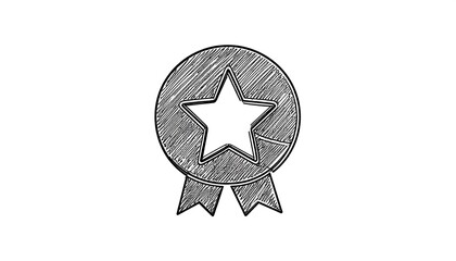 Hand-drawn, monochrome badge design featuring a star and ribbons