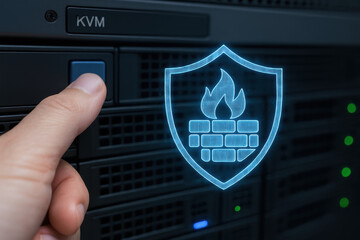Firewall defense concept with ai cybersecurity threat protection symbol over server hardware for network security