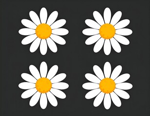 Four simple daisy illustrations with yellow centers and white petals on black