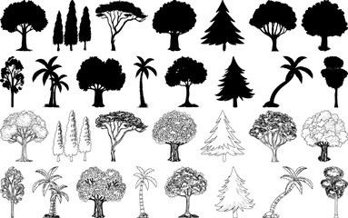 Obraz premium A diverse collection of tree illustrations, featuring both solid black silhouettes and detailed line art sketches of various species.