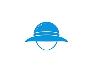 Simple, blue icon of a sun hat on a white background