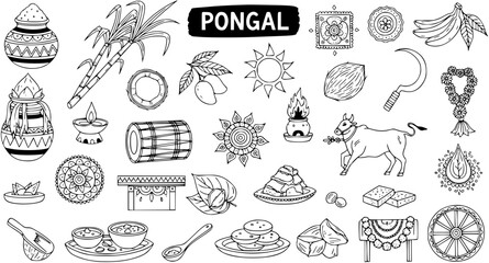 Black and white line art doodle collection of traditional elements and symbols for Pongal, a Hindu harvest festival, including food, decor, and cultural items.