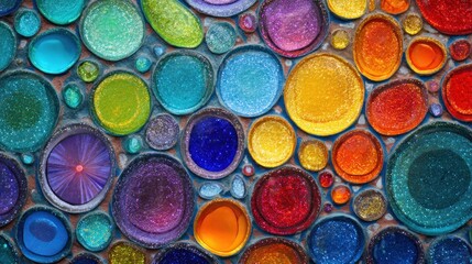 A colorful mosaic of circular shapes in various rainbow colors, with a textured, glittery surface and a background of muted colors.