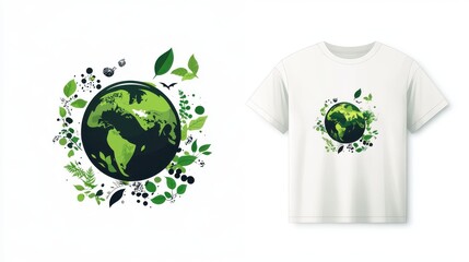 T-shirt design promoting environmental awareness with a green Earth and nature elements,  isolated on a white background