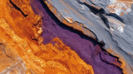 Aerial view of a vibrant, colorful, and rocky landscape with a mix of orange, purple, and gray hues, featuring a large, deep, and winding river or stream running through the center of the image. 