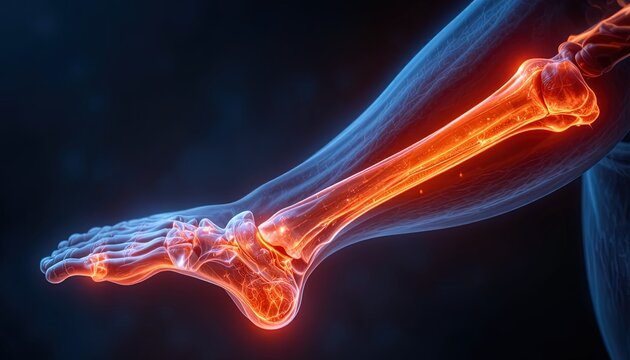 Detailed foot anatomy shows bone structure and skeletal system for medical illustration or educational content about healthcare and body systems