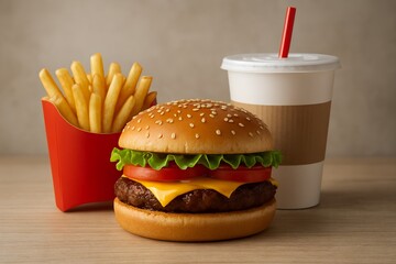 Classic cheeseburger on wooden table with fries food advertising, food packaging mockup burger image