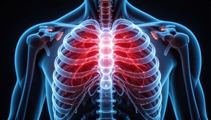 Anatomical ribcage with vibrant nerve pathways offers dynamic detail for medical research and healthcare visuals that are high impact and insightful