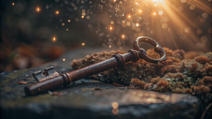 old rusty key lying on a moss covered stone