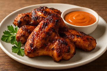 BBQ Chicken Wings Platter Overhead – Smoky Barbecue Dinner with Dipping Sauce, Fresh Herbs and Grilled Sides, Perfect Menu Background for Restaurants and Social Media Banners