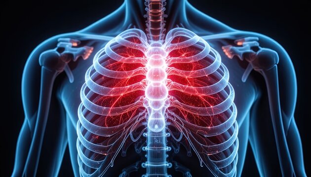 Anatomical ribcage with vibrant nerve pathways offers dynamic detail for medical research and healthcare visuals that are high impact and insightful - Powered by Adobe