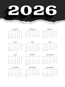 paper torn 2026 annual calendar layout in black white