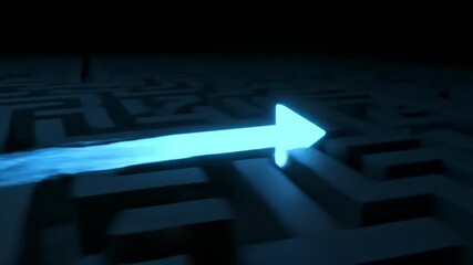 Blue Arrow Navigates Through a Dark Maze to Find a Solution - Powered by Adobe
