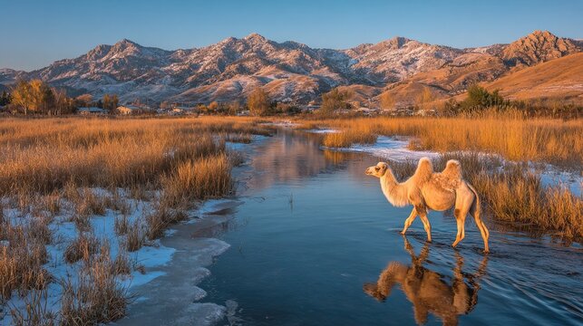 White Camel on Frozen Lake  Shore with Snow-Capped Mountains and Winter Grassland under Cool Blue Sky