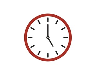 Simple circular clock with a red frame, black hands, and minute markings