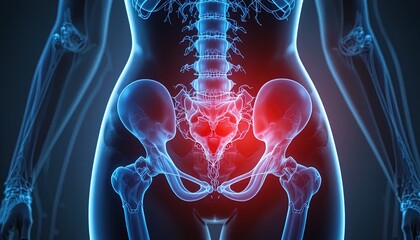 Radiant pelvic pain relief illustration, ideal for medical education, healthcare marketing, or anatomy studies showing hip joint injury or lower back problems
