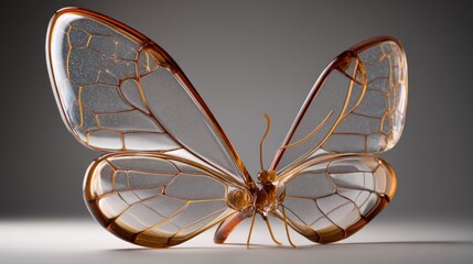 A transparent butterfly with brown wings and legs, sitting on a reflective surface with a gradient background.