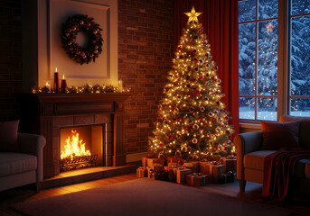 Cozy Christmas living room with fireplace and decorated tree.
