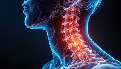Striking anatomy visual of the human neck and spine, perfect for medical presentations, research, or educational materials about spinal health and pain relief