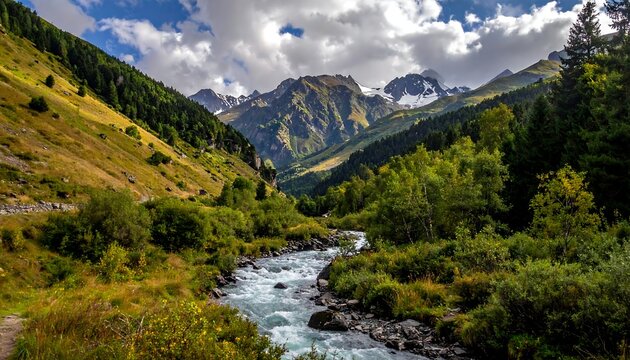 Mountain valley scene, river flows through lush landscape under cloudy sky