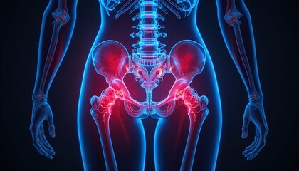 Skeletal hip pain anatomy for medical research and treatment, perfect for innovative healthcare marketing or informative wellness content creation now